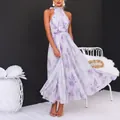 Elegant French style purple floral halter neck maxi dress with oil painting print for vacation - 3XL / Bottoms / Light Purple Oil Painting Print