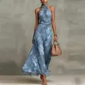 Elegant blue floral halter neck maxi dress with mesh print and pleated waist design. - XS / Bottoms / Light Blue