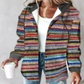 Casual women's colorful striped hooded cardigan jacket with soft plush lining for autumn - S / Tops / Rainbow Stripe