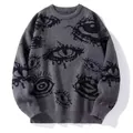 Stylish grey oversized knitted sweater featuring unique black eye-pattern jacquard design. - M / Tops / Grey Black