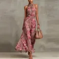Elegant pink floral mesh halter maxi dress for women, sophisticated summer variant. - XS / Bottoms / Pink