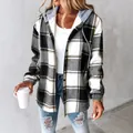 Casual women's oversized plaid hooded jacket for autumn and winter style - S / Tops / Black Khaki Plaid (13)