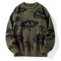 Olive green oversized round neck knitted sweater with black jacquard eye pattern design - M / Tops / Army Green Black