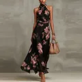 Elegant floral print halter neck pleated maxi dress featuring high-quality mesh fabric - 3XL / Bottoms / Black