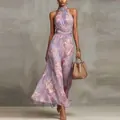 Elegant purple floral halter neck mesh maxi dress with pleated details and a flowy silhouette - 3XL / Bottoms / Light Purple