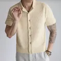 Men's light yellow knit polo shirt with stylish zig-zag texture and breathable design - S / Tops / Khaki