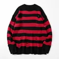 Detail showing the red and black striped pattern and distressed holes on knitwear. - S / Tops / Black & Red Stripe