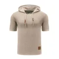 Detail view of men's jacquard ice silk knit hooded T-shirt with textured fabric pattern - M / Tops / Khaki