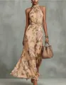 Elegant floral halter neck pleated mesh maxi dress in apricot beige tone for modern women - 3XL / Top And Bottom / Yellow