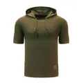 Detailed view of olive green men's hooded knit t-shirt with a premium jacquard texture - M / Tops / Army Green