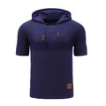 Men's jacquard short-sleeve hooded t-shirt with ice silk knitted texture in navy - M / Tops / Dark Blue