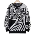 Detailed view of a men's round-neck knit sweater with a bold black and white swirl pattern - S / Tops / Black