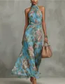 Blue floral halter neck maxi dress in lightweight mesh fabric for women - 3XL / Top And Bottom / Teal