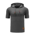 Detail view of grey short-sleeve hooded t-shirt featuring textured jacquard knit fabric. - Dark Gray