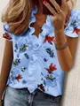 Blusa de manga corta azul claro con flores y volantes, top de verano casual para mujer. - S / Tops / Flor Azul