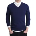 Slim fit men's navy blue V-neck sweater, classic casual business style for autumn. - M / Tops / Dark Blue