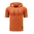 Orange men's jacquard knit short sleeve hoodie with drawstrings and thin ice silk texture - Orange Red