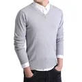 Men's slim fit light gray V-neck sweater, solid color knit pullover for office and casual - M / Tops / Light Gray