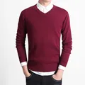 Men's slim fit V-neck knit sweater in burgundy for business casual autumn wear - Burgundy