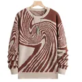 Detail view of men's crewneck sweater featuring brown and beige wavy jacquard pattern. - S / Tops / Burgundy