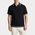 Men's black short-sleeve knitted Polo shirt with elegant white stripe accents. - S / Tops / Black