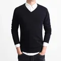 Men's slim fit black V-neck knit sweater for business casual autumn style wear - L / Tops / Black