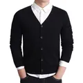 Men's slim fit black V-neck knitted cardigan sweater with button-front design for business casual - M / Tops / Black