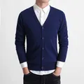 Classic navy blue V-neck knit cardigan for men, perfect for professional business looks - M / Tops / Dark Blue