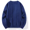 High-quality men's navy blue cable-knit sweater with ribbed crew neck and cuffs. - M / Tops / Navy Blue