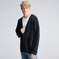 Oversized men's V-neck knit cardigan in black for a casual layered look - S / Tops / Black