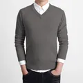 Men's grey slim-fit V-neck pullover sweater in solid color for business casual wear - M / Tops / Dark Gray
