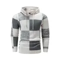Detailed view of men's casual knitted hooded sweater with grey and white block design - S / Tops / Plaid Khaki