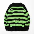 Distressed black and green striped oversized knit sweater pullover for men and women - S / Tops / Black Green Stripes