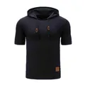 Men's navy blue short sleeve hooded T-shirt with textured jacquard ice silk knit - M / Tops / Black