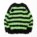 Oversized black and neon green striped ripped knit sweater in a streetwear style - S / Tops / Black Green
