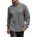 Close-up of men's grey turtleneck sweater with intricate cable knit pattern details - M / Tops / Gray