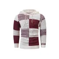 Detail view of men's checkered knitted hoodie with adjustable drawstring in white and maroon - S / Tops / Wine Red Khaki