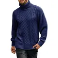Detailopname van een donkerblauwe heren coltrui met kabelgebreide textuur en patroon - Donkerblauw