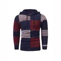 Detailed macro view of a men's color-block knitted hoodie in navy and burgundy - S / Tops / Wine Red/Blue/Black