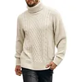 Cozy men's turtleneck cable knit sweater in beige, thick autumn long sleeve pullover - M / Tops / Off White
