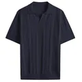 Detail view of a men's navy blue textured knit short sleeve polo shirt with v-neck. - S / Tops / Dark Blue