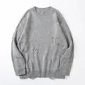 Oversized grey distressed crewneck knit sweater with ripped details for men and women - S / Tops / Light Gray