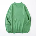Oversized green distressed knit sweater featuring ripped details and a classic crewneck design - S / Tops / Green
