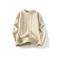 Premium men's cream cable knit sweater featuring classic braided texture and ribbed trim - Khaki