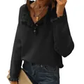 Women's casual black knit sweater with ruffled collar, long sleeves and button detail - S / Tops / Black