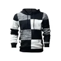 Men's casual patchwork knit hoodie in black, white, and grey checkered pattern - S / Tops / Checkerboard Black