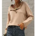Women's casual long-sleeved beige knit sweater with ruffle collar and button details - S / Tops / Khaki