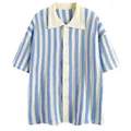 Casual summer knitted polo shirt with vertical light blue and white stripes, loose fit - S / Tops / Light Blue