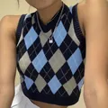 Chaleco de punto con rombos azules para mujer, cuello en V sin mangas, estilo preppy - S / Tops / Azul marino