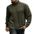 Men's olive green turtleneck cable-knit pullover sweater with textured patterns - M / Tops / Army Green